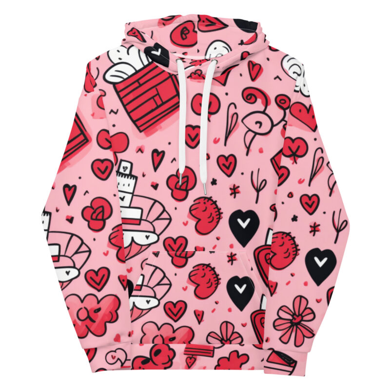 Love Doodle Delight Hoodie - Cozy All-Over Print for Everyday Romance