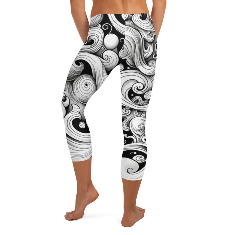 Monochromatic Waves Doodle Capri Leggings - Serene Swirl Symphony