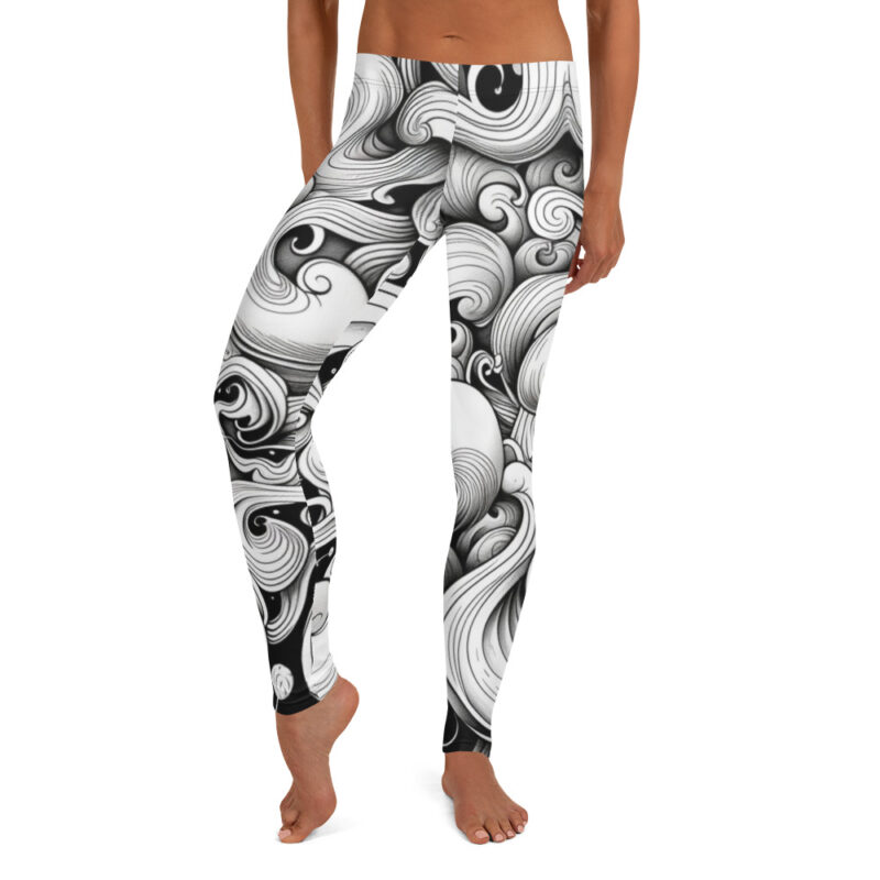 Monochromatic Waves Doodle Leggings - Serene Swirl Symphony