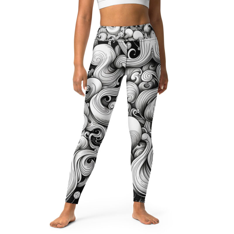 Monochromatic Waves Doodle Yoga Leggings - Serene Swirl Symphony