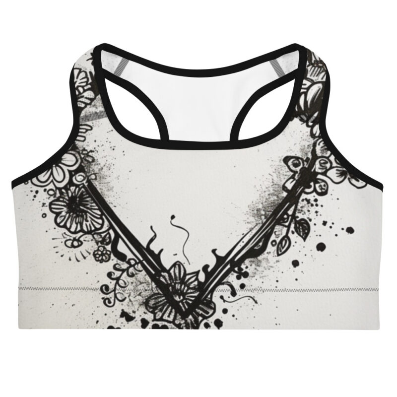 Monochrome Floral Heart Doodle Sports Bra – Active Artistry