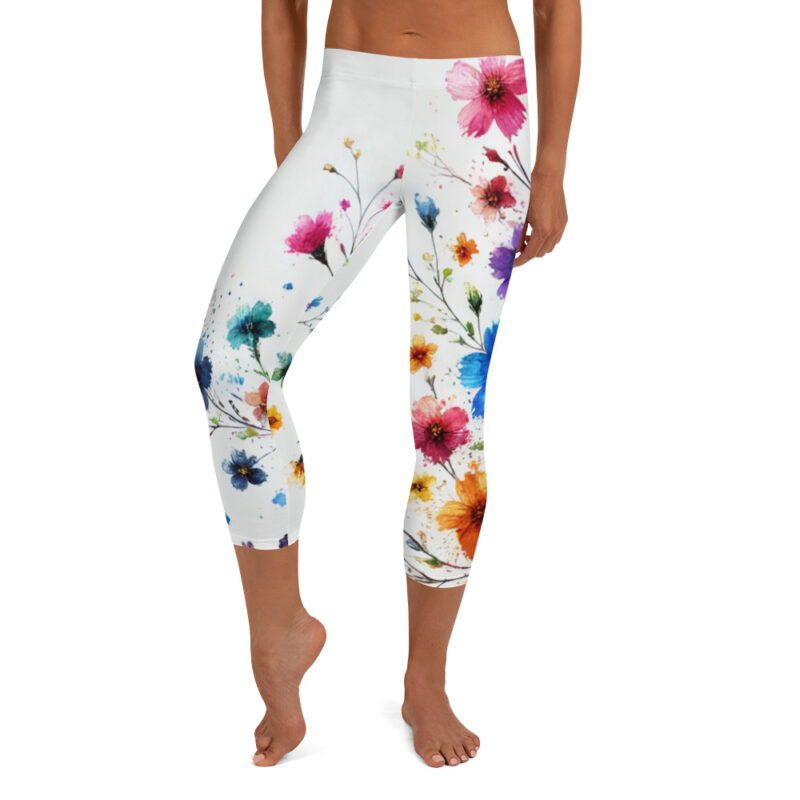 Watercolour Flower Capri Leggings with Doodle Floral Art alternate view