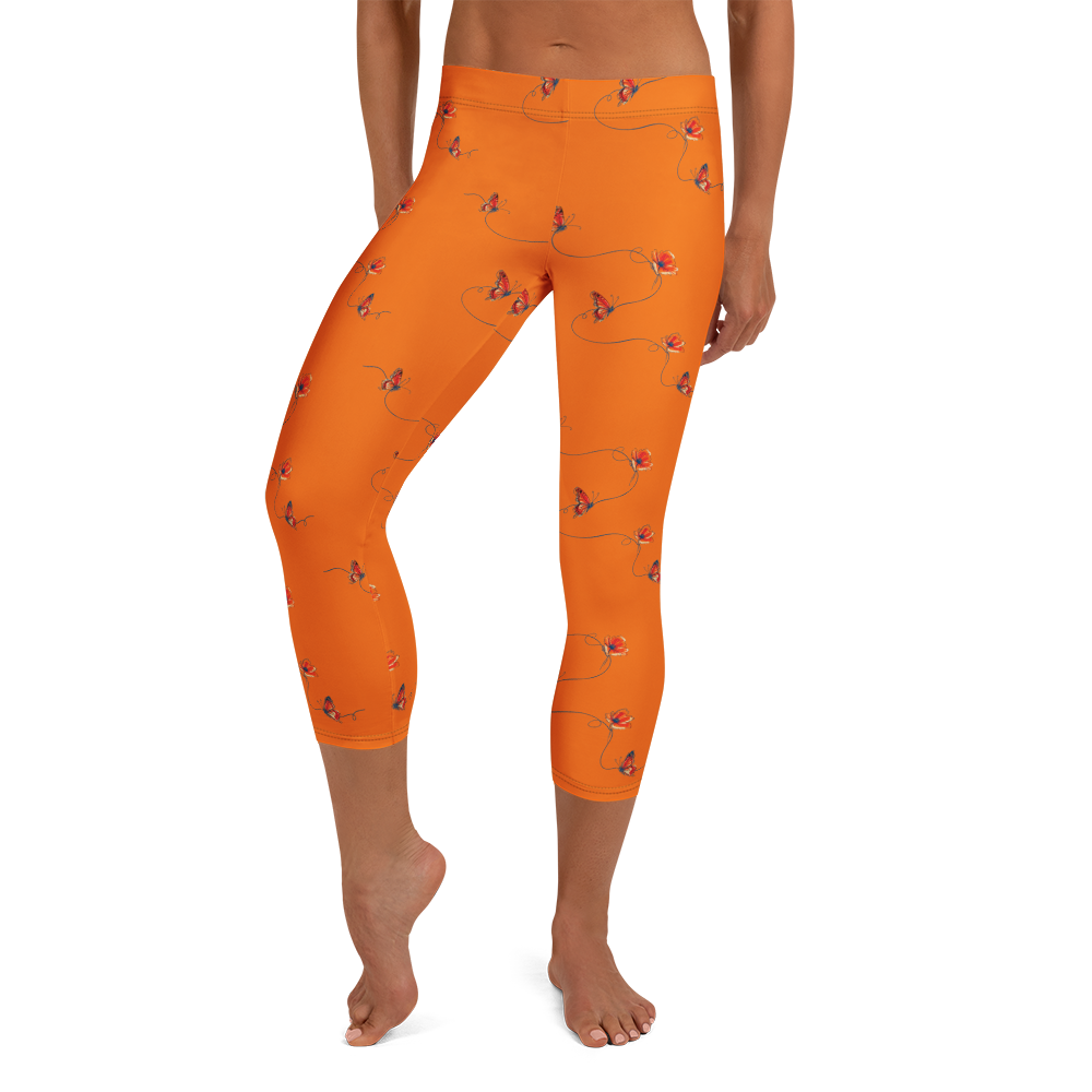 Red Butterfly With Poppy Wild Edition Butterfly And Floral Capri Leggings Front