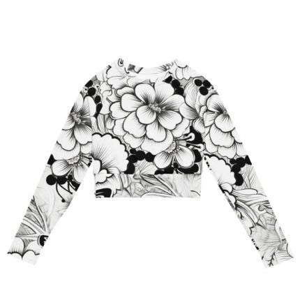 Monochrome Blossom Doodle Recycled Long-Sleeve Crop Top