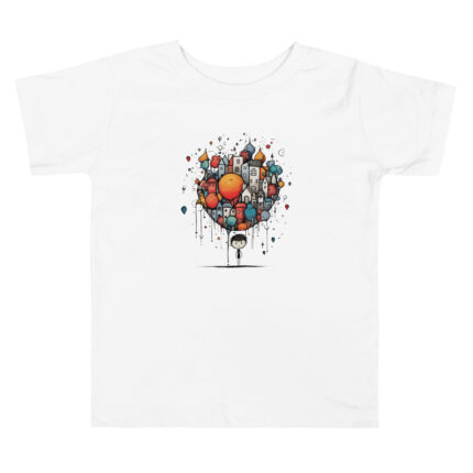 Vibrant Balloon Town T-Shirt - Whimsical Skyline Scribble